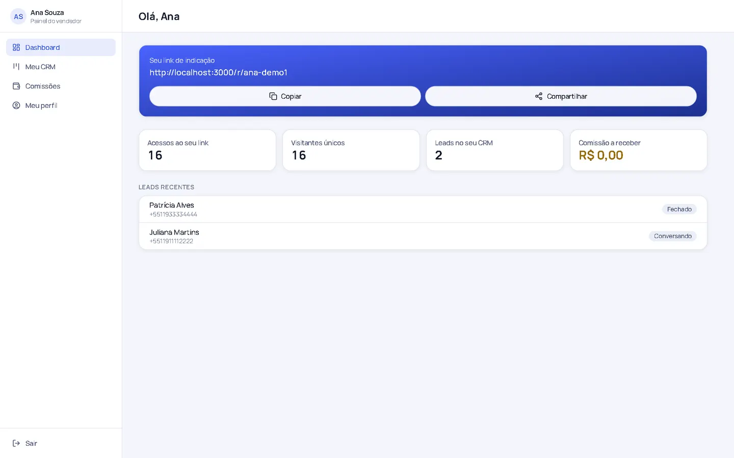 Painel do vendedor com link de indicação, acessos e leads recentes