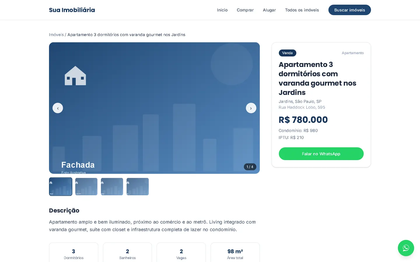 Página do imóvel com galeria, preço e botão de WhatsApp