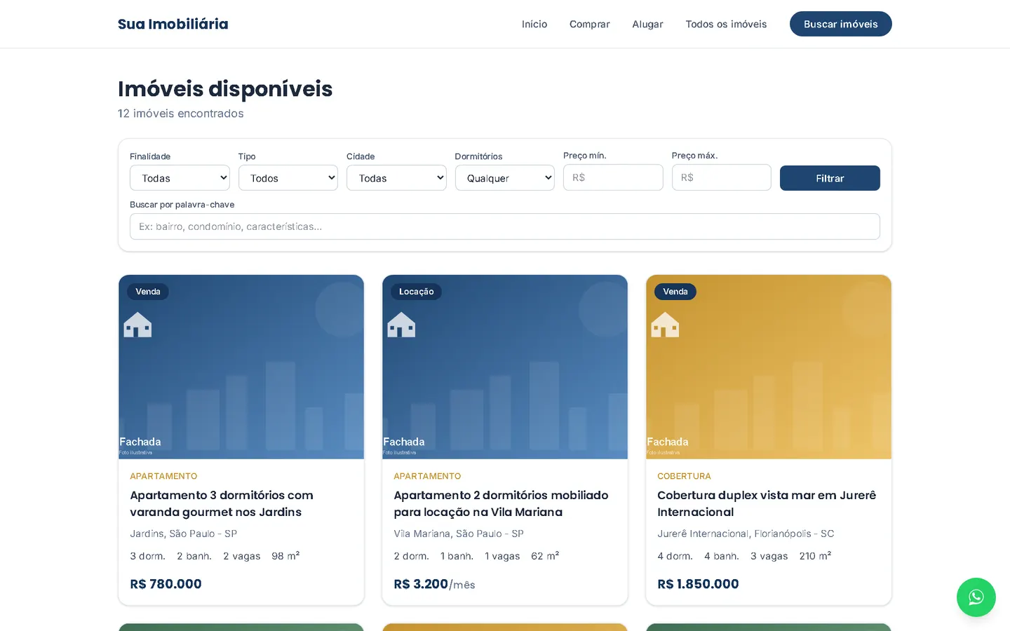 Listagem de imóveis com filtros de finalidade, tipo, cidade e preço