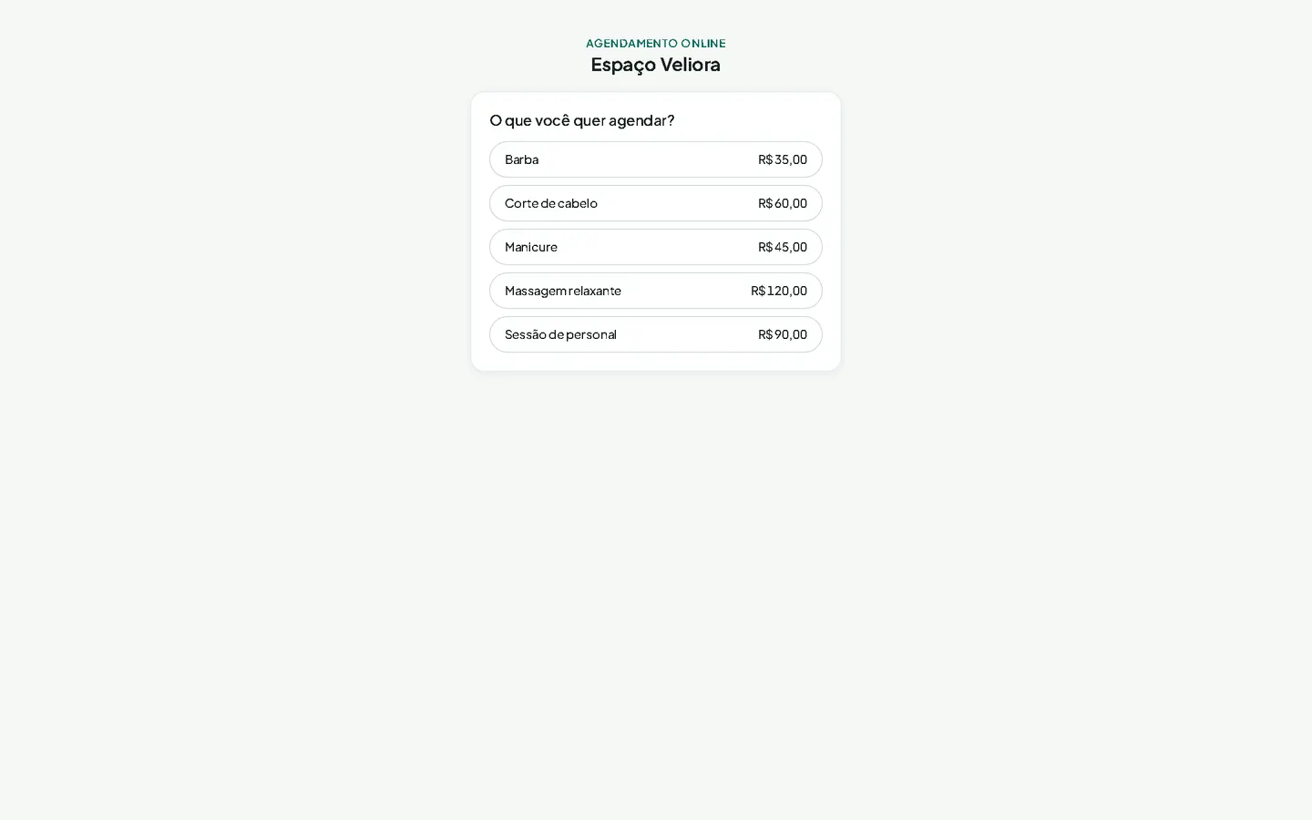 Página pública de agendamento com os serviços e preços