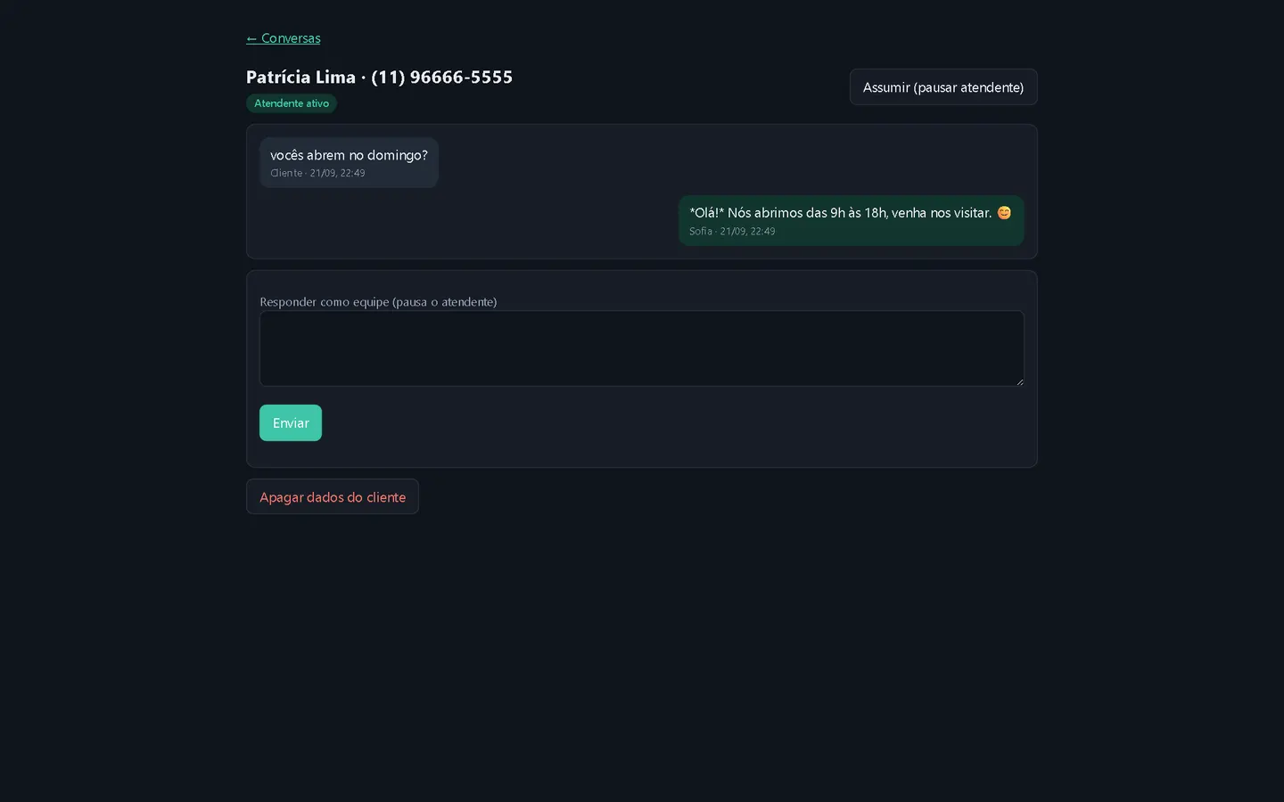 Conversa entre cliente e atendente virtual, com campo para a equipe responder